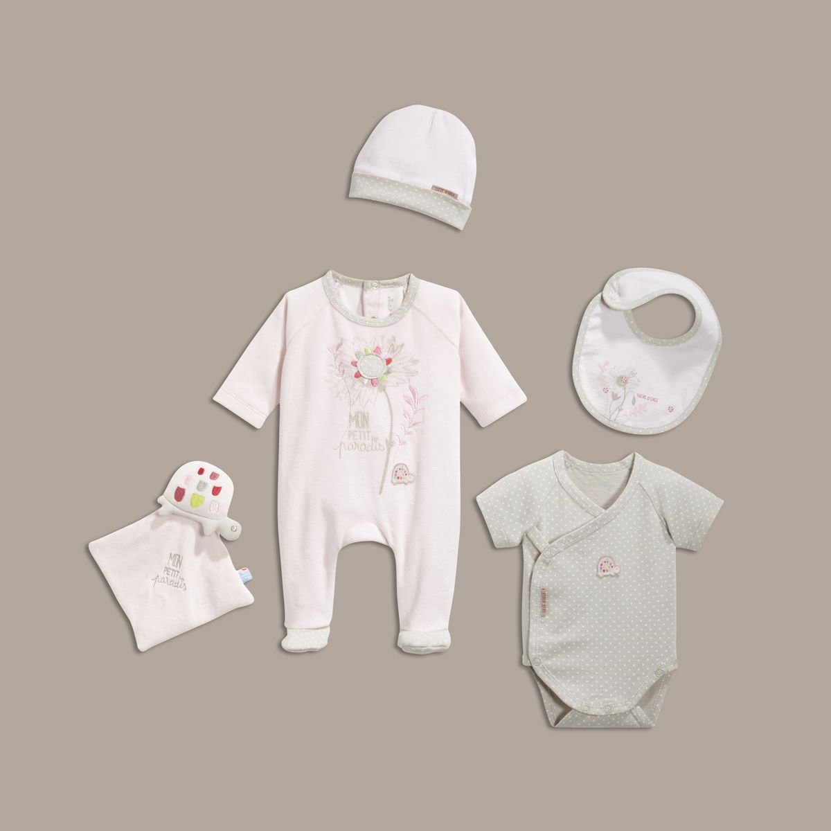 SUCRE D ORGE Kit naissance 5 pièces pyjama body bonnet bavoir pas cher