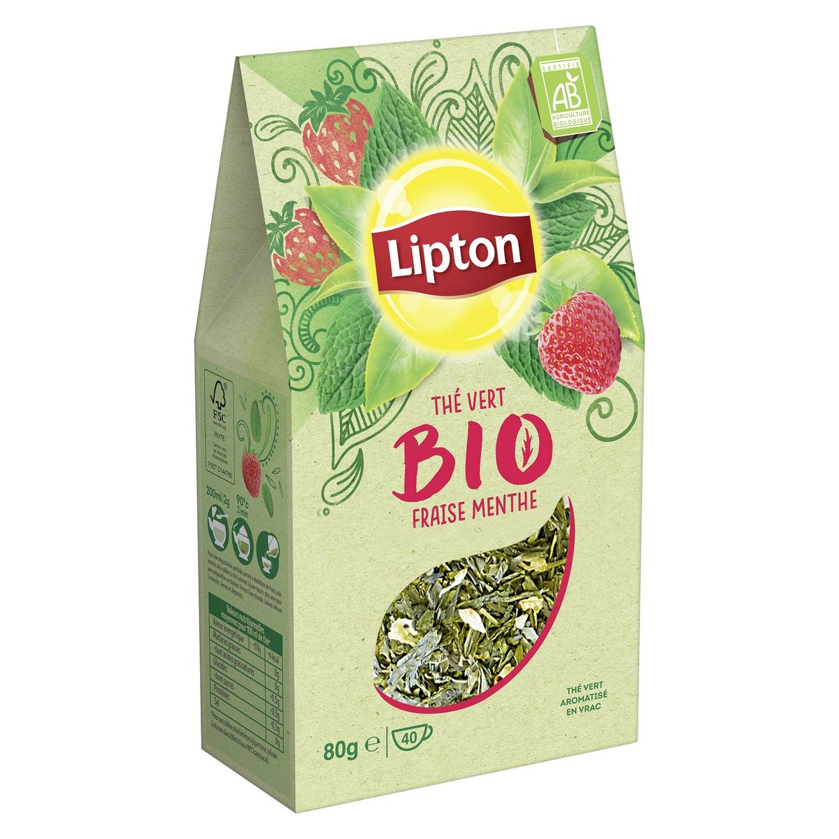 Lipton Th Vert Fraise Menthe Bio En Vrac Tasses G Pas Cher