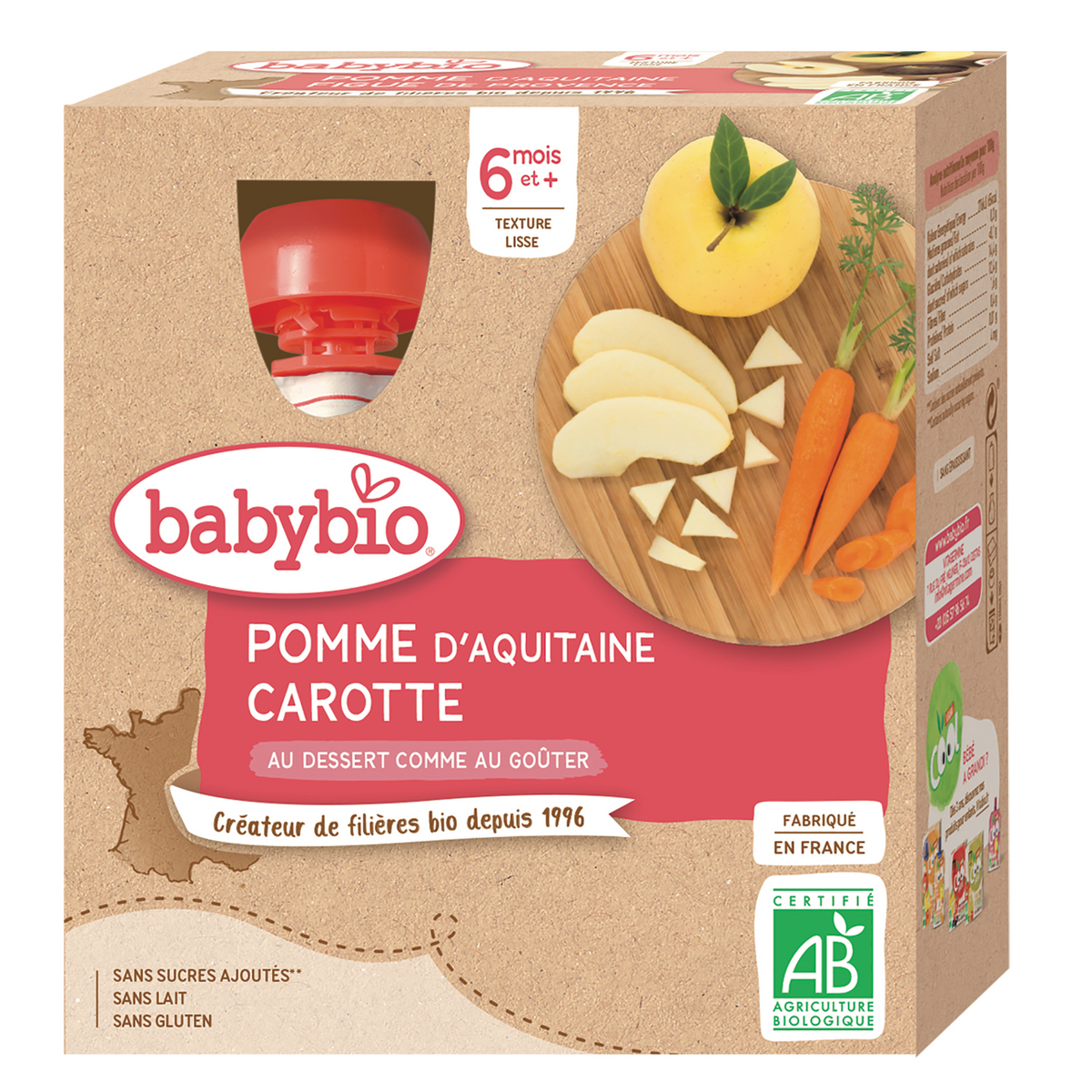 BABYBIO Gourde dessert pomme et carotte bio dès 6 mois 4x90g pas cher à