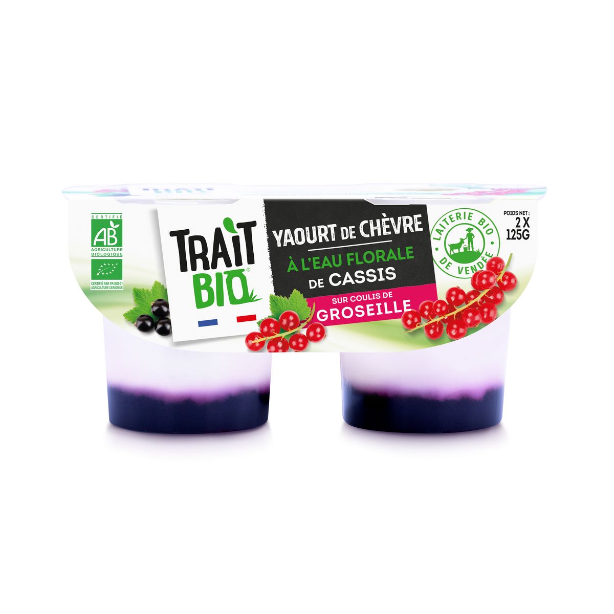 TRAIT BIO Yaourt de chèvre à l eau florale sur lit de groseille 2x125g