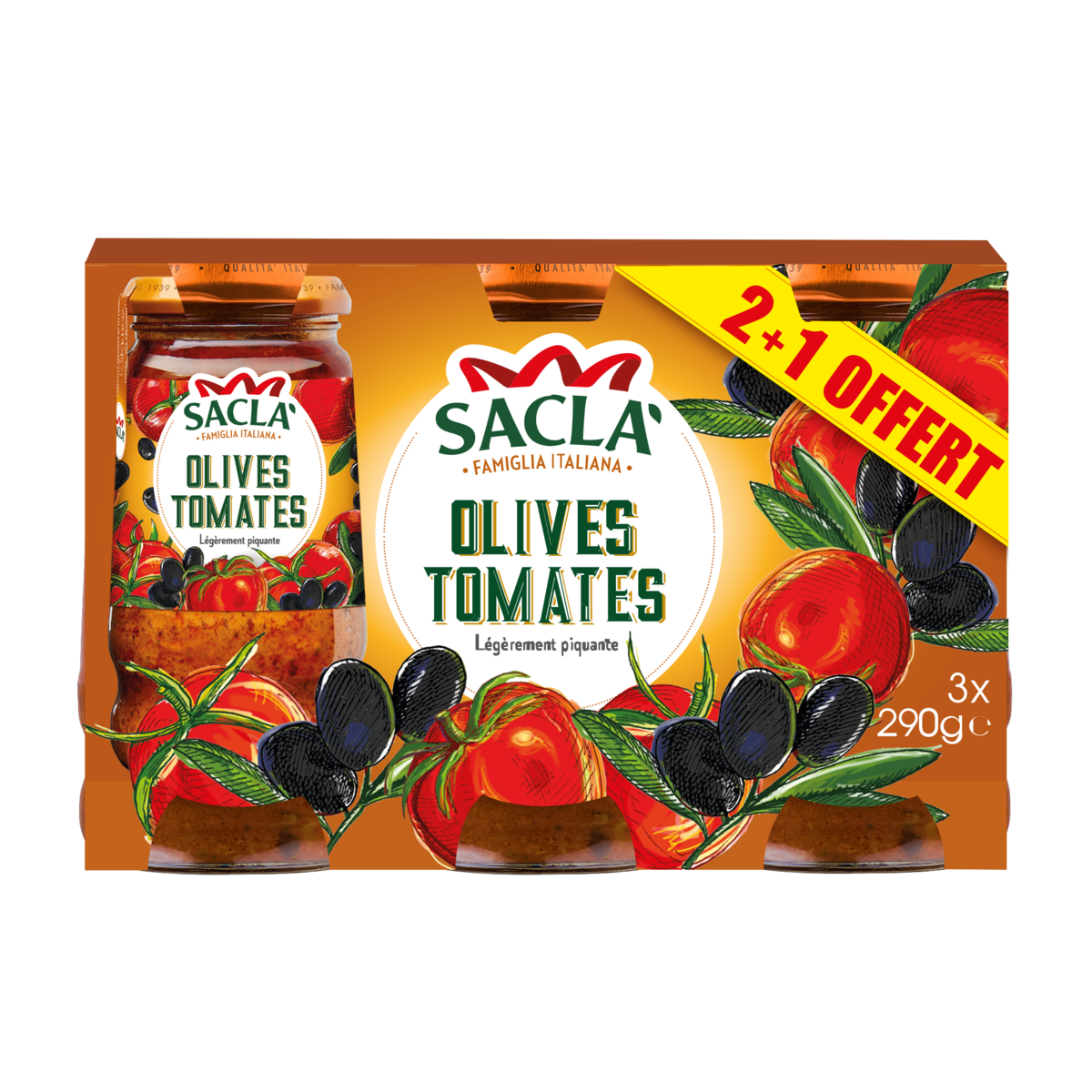 SACLA Sauce tomates olives légèrement piquante en bocal 3x290g 870g pas