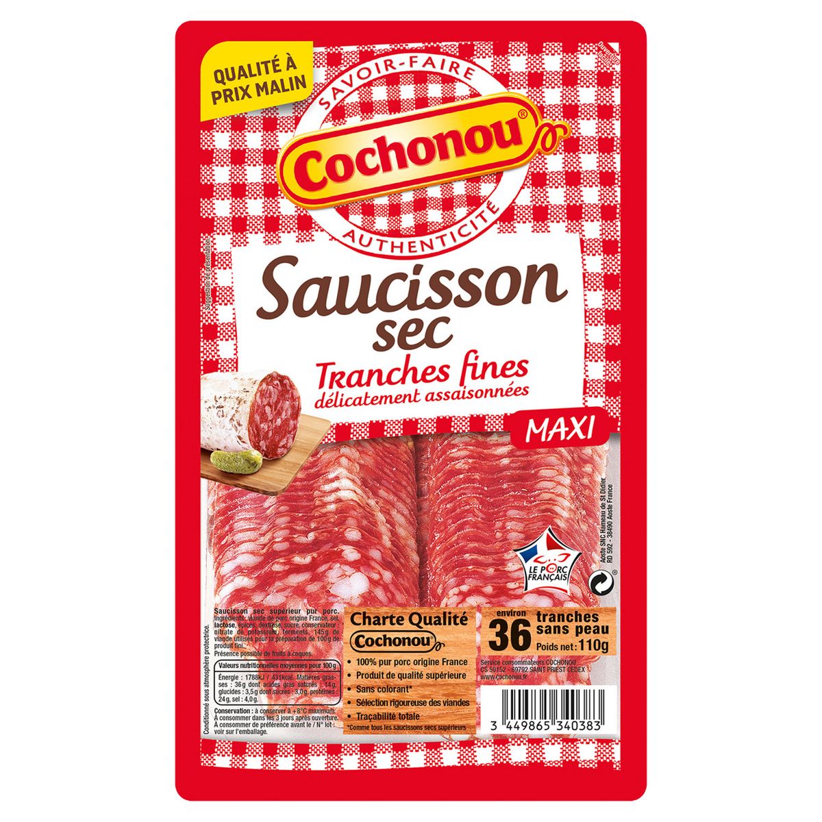 COCHONOU Saucisson Sec Tranches Fines 36 Tranches 110g Pas Cher Auchan Fr