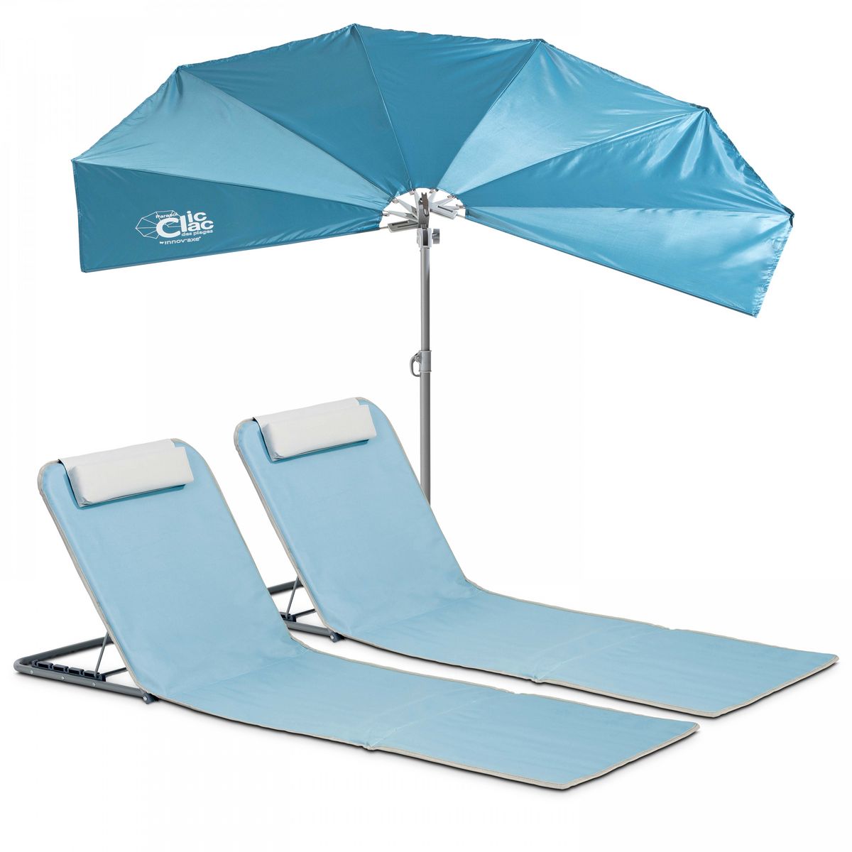 Lot 2 Clic Clac Des Plages Et 1 Parasol Polyester Bleu Pas Cher Auchan Fr