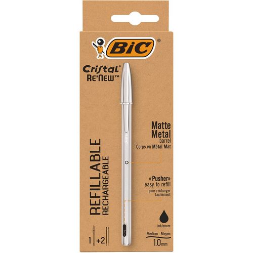 Lot de 1 stylo bille métal rechargeable pointe moyenne 1.0mm + 2 recharges CRISTAL RE NEW noir