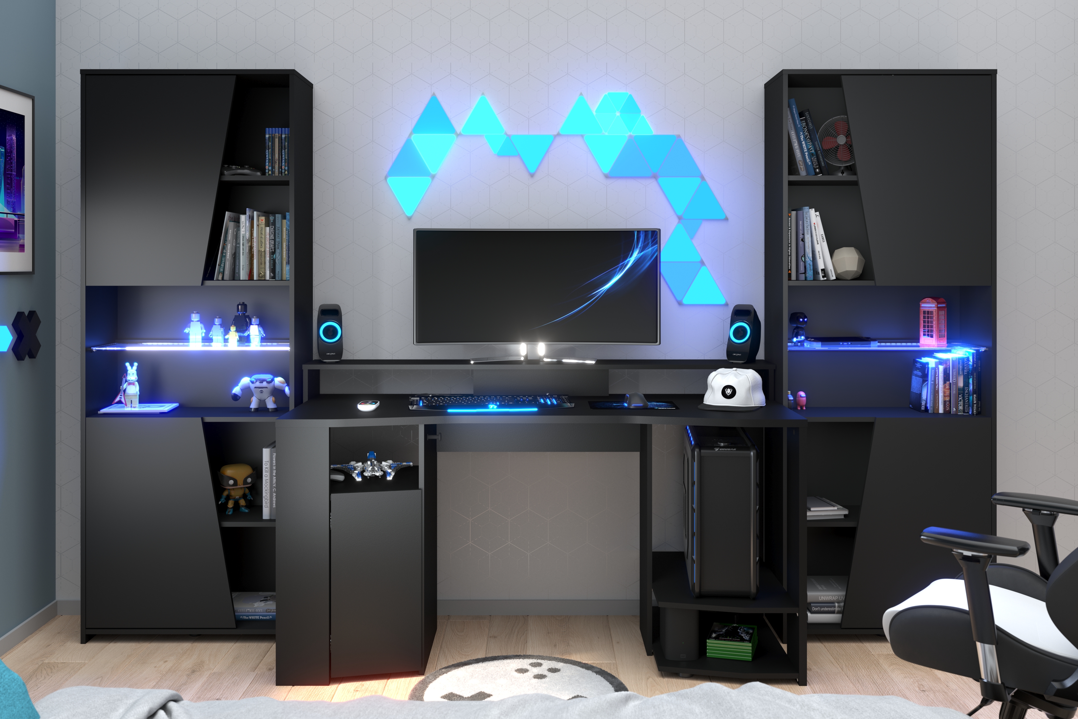 Ensemble Bureau gaming + 2 bibliothèques avec leds XENON pas cher