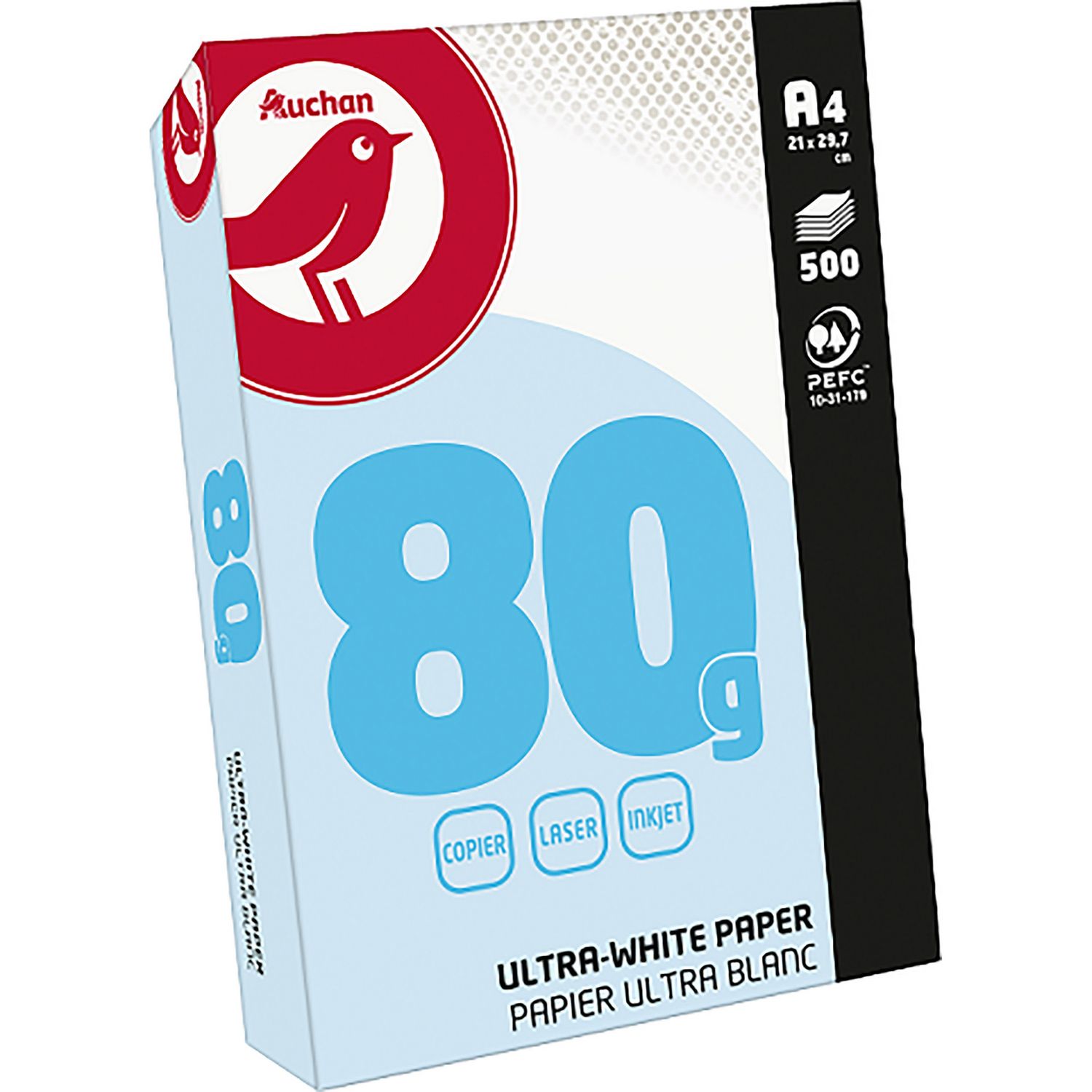 AUCHAN Ramette de papier ultra blanc 500 feuilles A4 – 80g