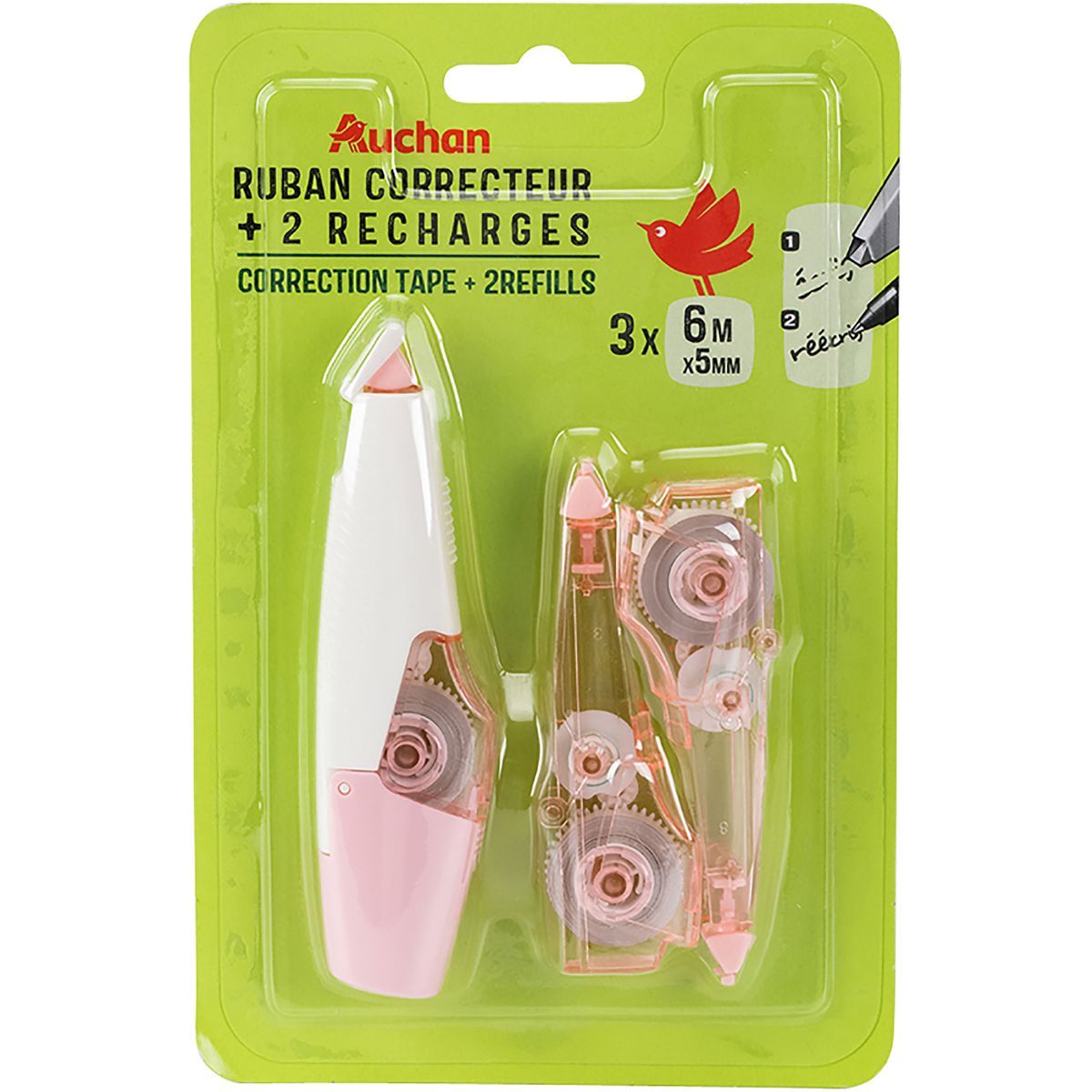 AUCHAN Souris correctrice rose + 2 recharges pas cher 