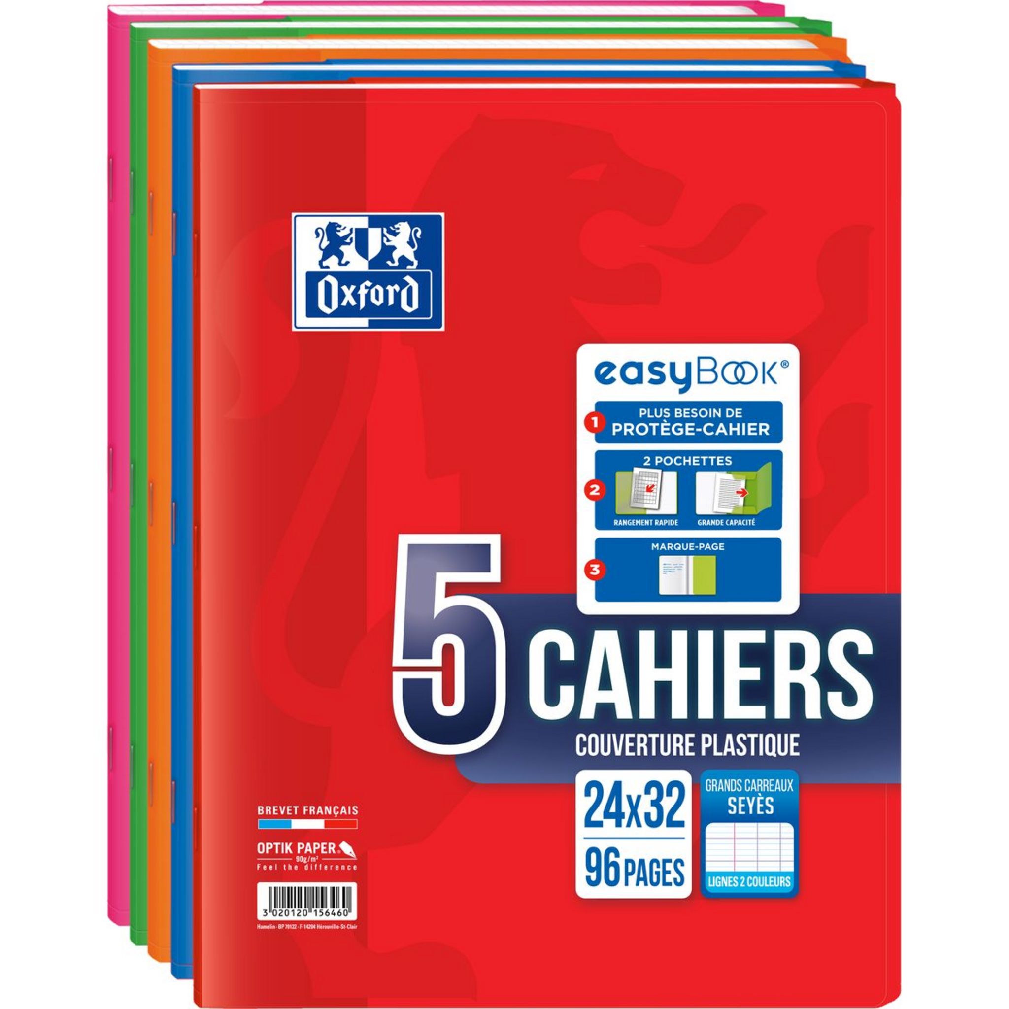 Cahier 24x32, 96 pages, 90g. grands carreaux couverture plastique PP ROUGE  avec rabats