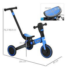 HOMCOM Tricycle enfant évolutif 4 en 1 - tricycle à pousser, tricycle simple, draisienne, vélo - canne  télescopique - guidon pliable - alu. bleu PP noir