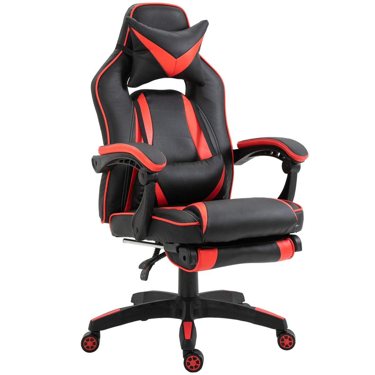 HOMCOM HOMCOM Fauteuil gamer grand confort fauteuil de bureau gamer pivotant inclinable avec coussins et repose-pieds revêtement synthétique noir rouge