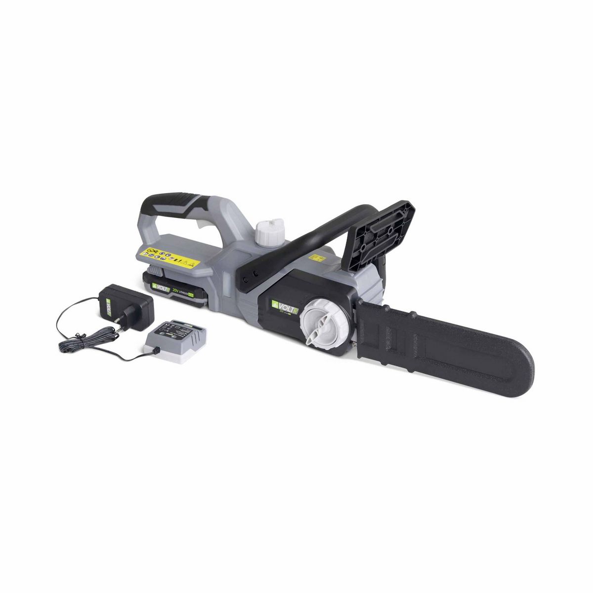 VOLTR VOLTR 20V– Tronçonneuse 25cm (10'') – avec batterie Lithium 2.0Ah + chargeur 20V. Normes CE