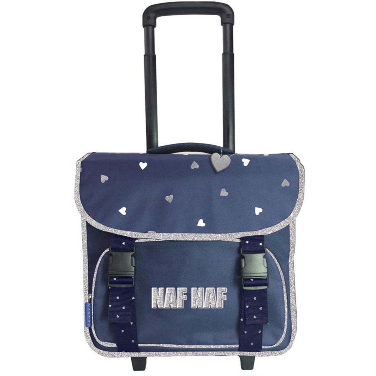 Naf Naf Cartable a roulettes 38cm 2 compartiments poche avant fille bleu marine avec coeurs gris pas cher Auchan