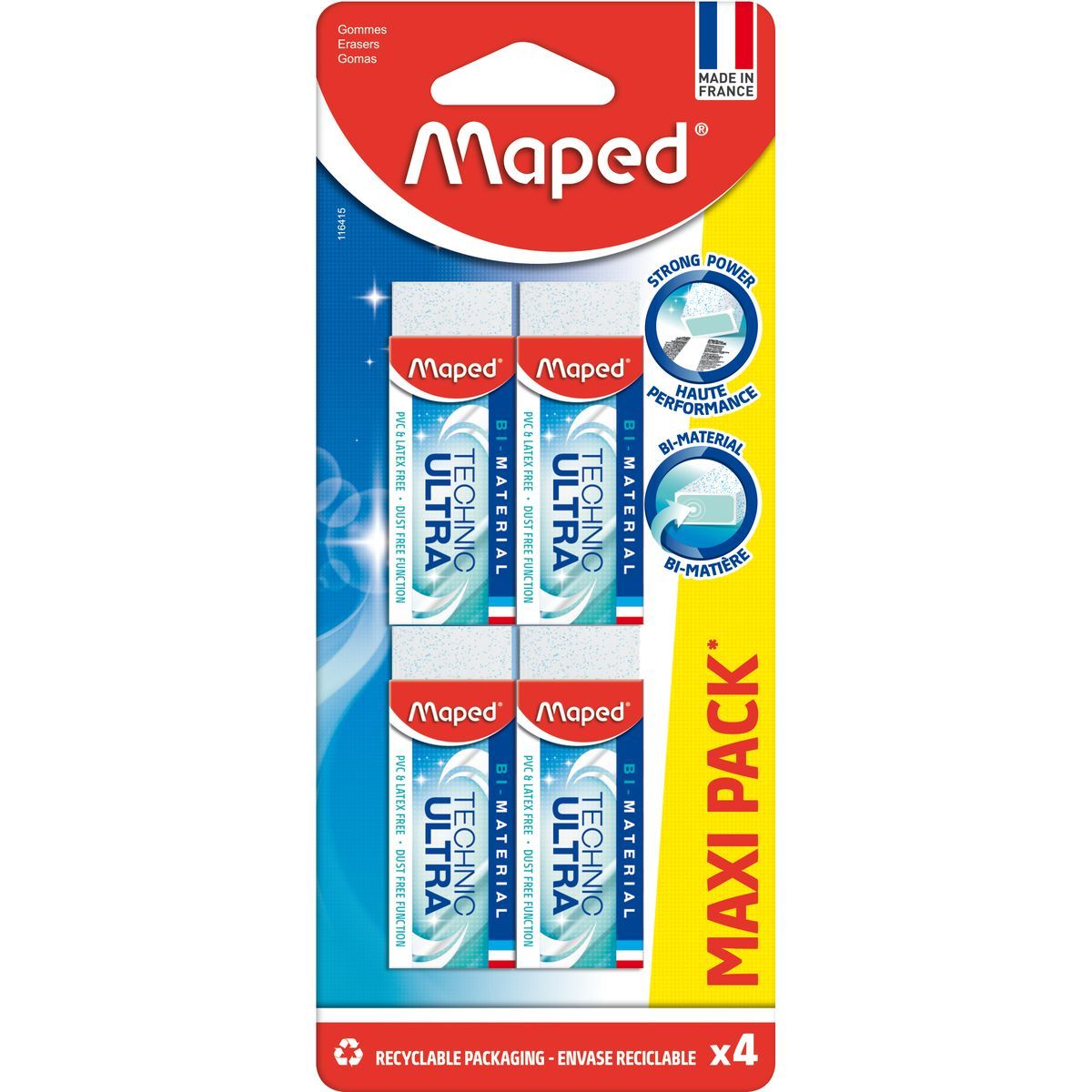 MAPED Lot de 4 gommes blanches bi-matière Technic Ultra pas cher 