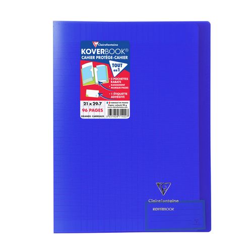 Cahier piqué polypro Koverbook 21x29,7cm 96 pages grands carreaux Seyes bleu transparent