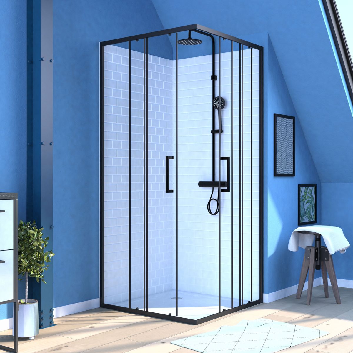 Aurlane porte de douche carrée coulissante - verre sérigraphié noir 90x90