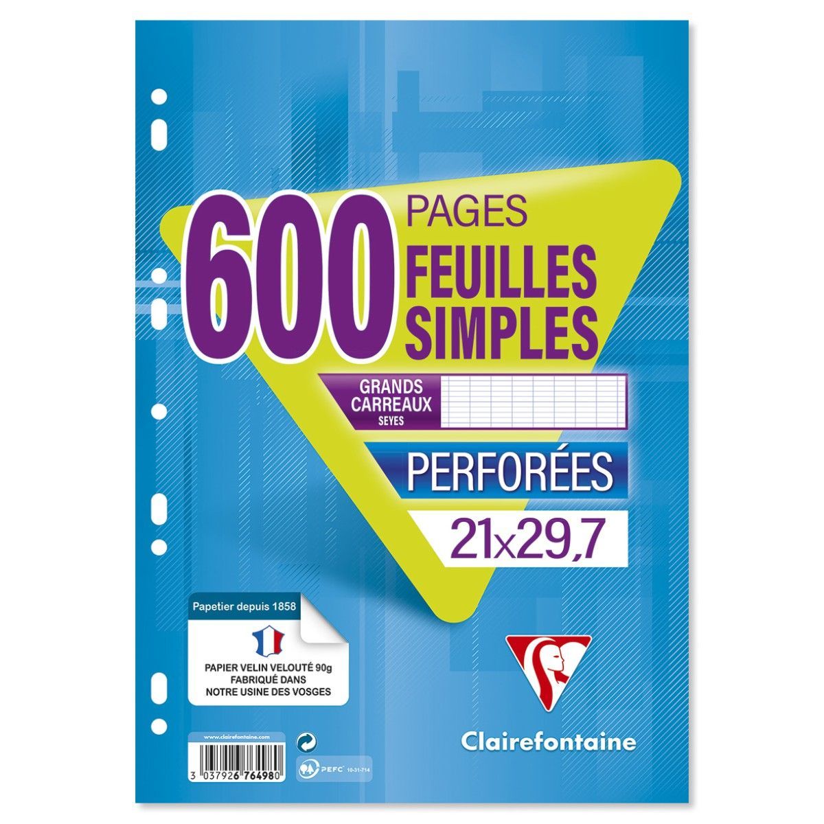 Feuilles Simples Jaune Perforées – Grands Carreaux – 100 pages – Seyes – A5  – 80gr – 17*22 – Buroland