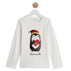 IN EXTENSO T-shirt manches longues pingouins de noël à sequins reversibles fille (ECRU)