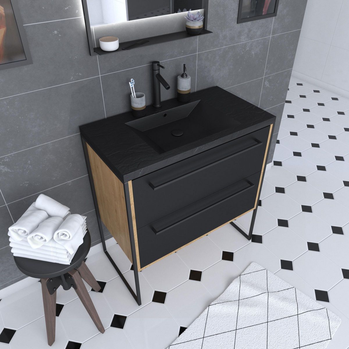 Aurlane Meuble de salle de bain 80x50cm chene brun - 2 tiroirs noir mat - vasque resine noire effet pierre