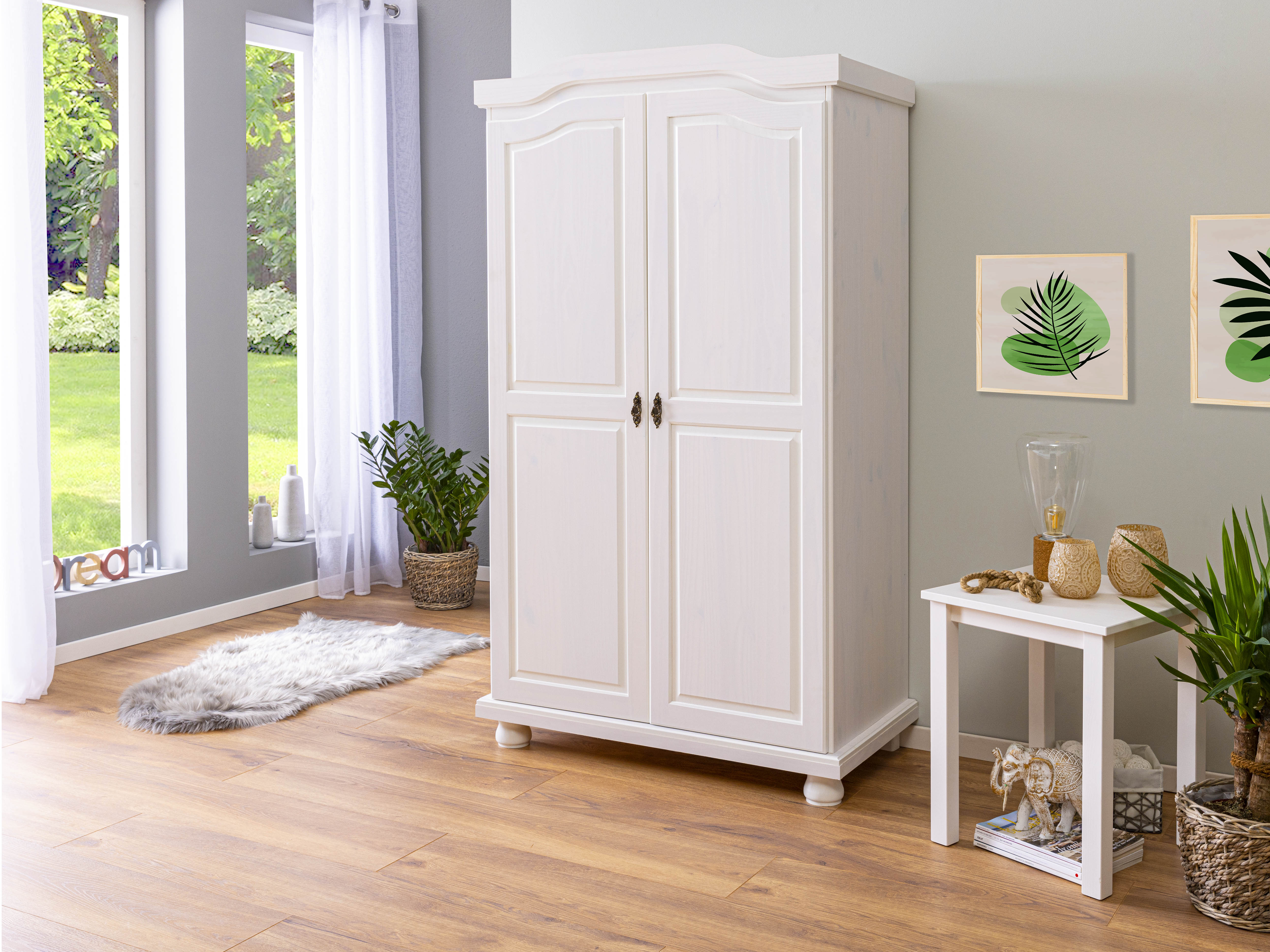 Soldes - Armoire penderie 3 portes 5 tiroirs en épicéa naturel