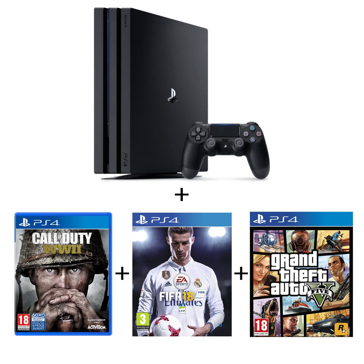 Pack Console Playstation 4 Pro 1To + FIFA 18 + COD WW2 + GTA V pas cher Auchan.fr