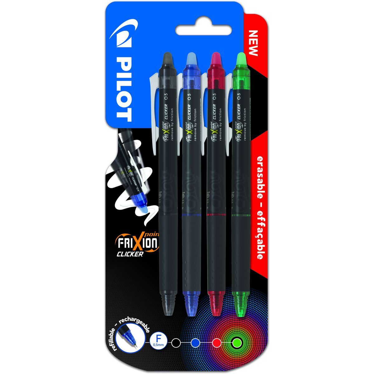 PILOT Lot de 4 stylos bille effaçable rechargeable pointe fine Frixion  Clicker noir/bleu/rouge/vert pas cher 