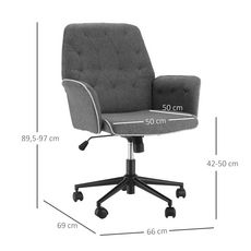 HOMCOM Fauteuil de bureau chaise de bureau hauteur réglable roulettes pivotant 360° tissu chanvre 69L x 66l x 89,5-97H cm gris chiné