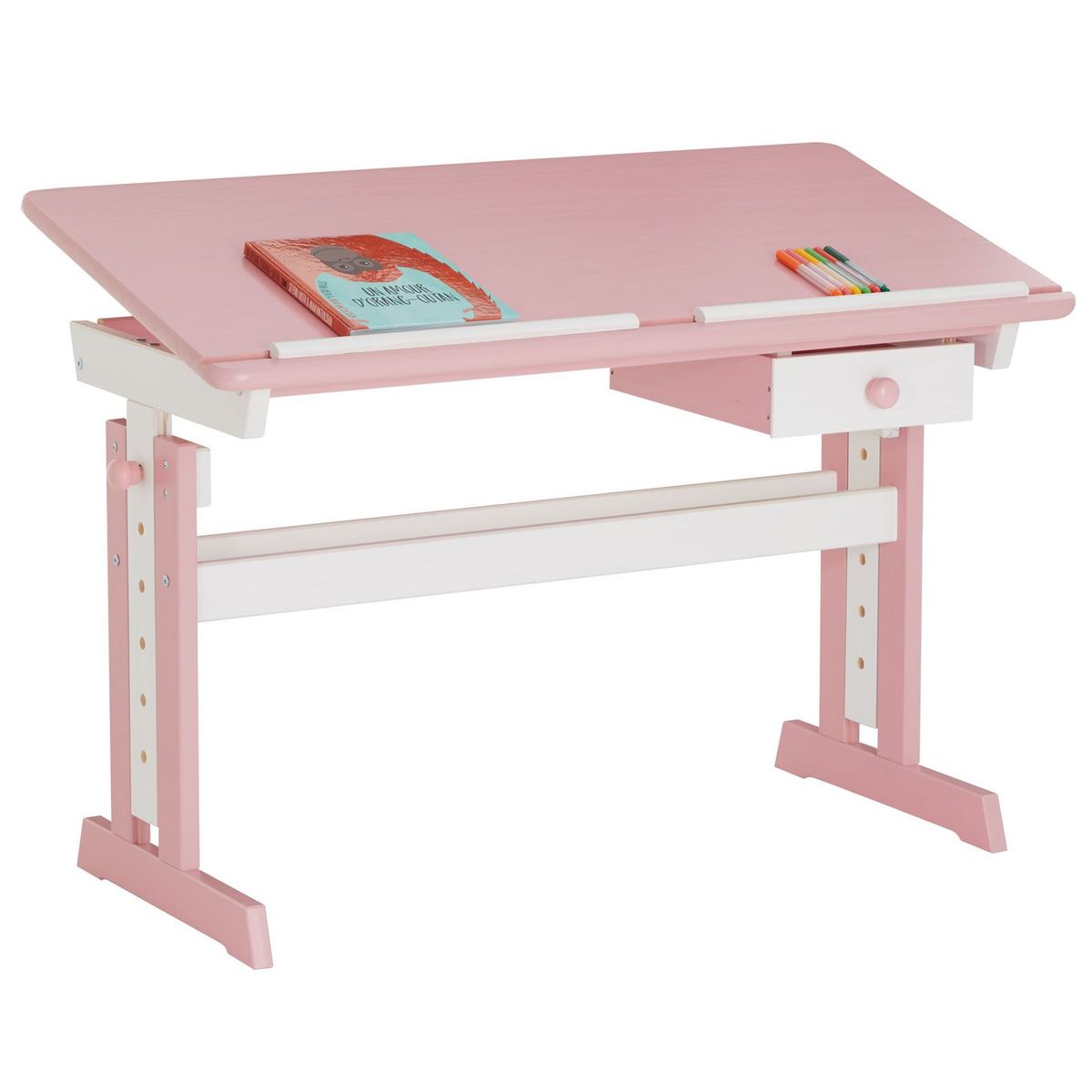 IDIMEX Bureau enfant écolier junior FLEXI table à dessin réglable en hauteur et pupitre inclinable avec 1 tiroir en pin lasuré blanc rose