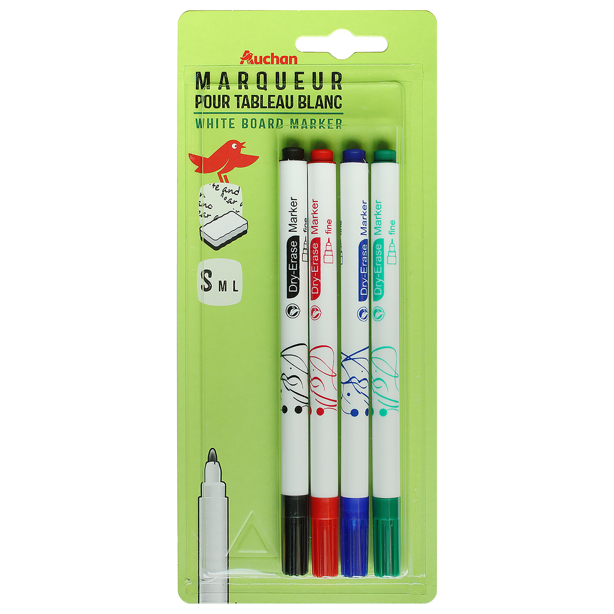 AUCHAN Lot de 2 marqueurs pour tableau blanc effaçables pointes fines noirs  pas cher 