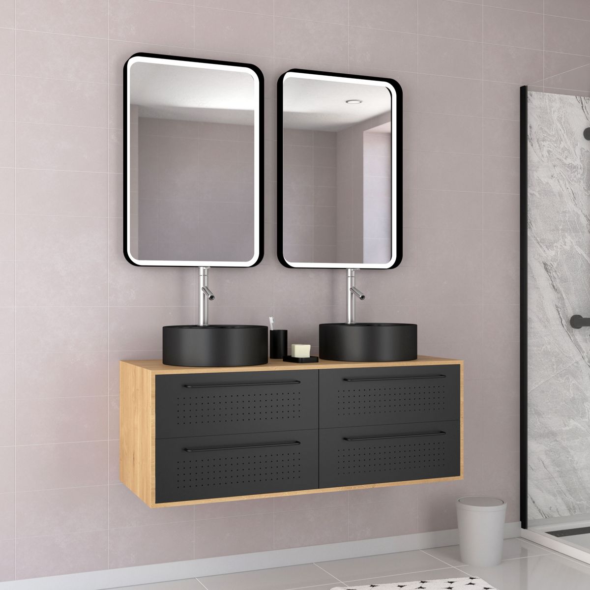Aurlane Meuble de salle de bain - 120x45 + 2 Miroirs LED 80x45 + 2 vasques rondes noire mat - UBY 120