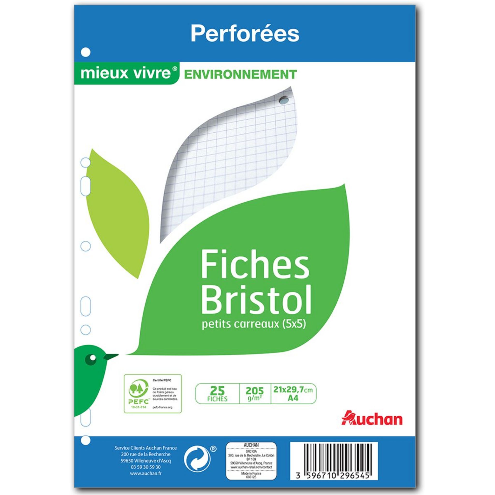 100 Fiches Bristol A4 Petits Carreaux Perforées 21X29,7Cm 10606E pas cher