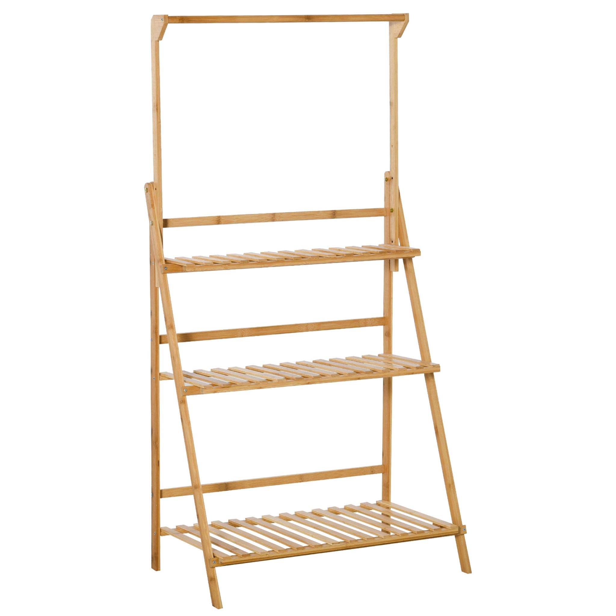 Étagère à plantes pliable support support à fleurs - 3 étagères, barre de  suspension - bois bambou verni