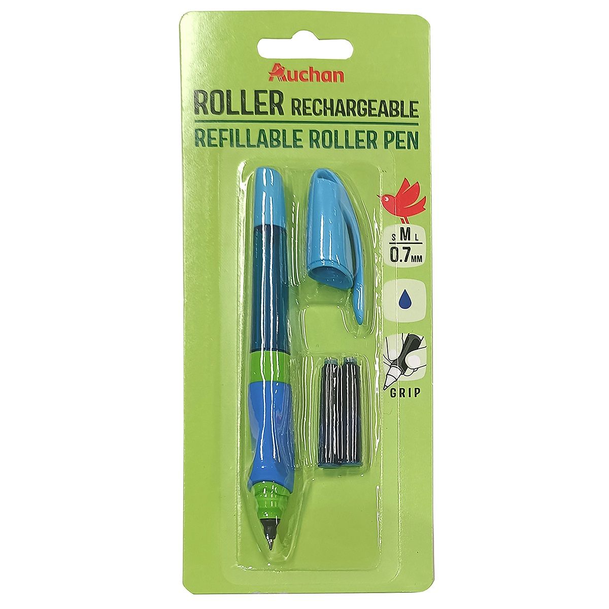 AUCHAN Stylo roller ergonomique rechargeable bleu pas cher 