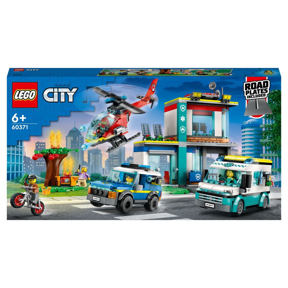 LEGO City 60371 Le QG des véhicules d'urgences, avec Hélicoptère de Pompier, Jouet Camion Ambulance, Moto et Voiture de Police