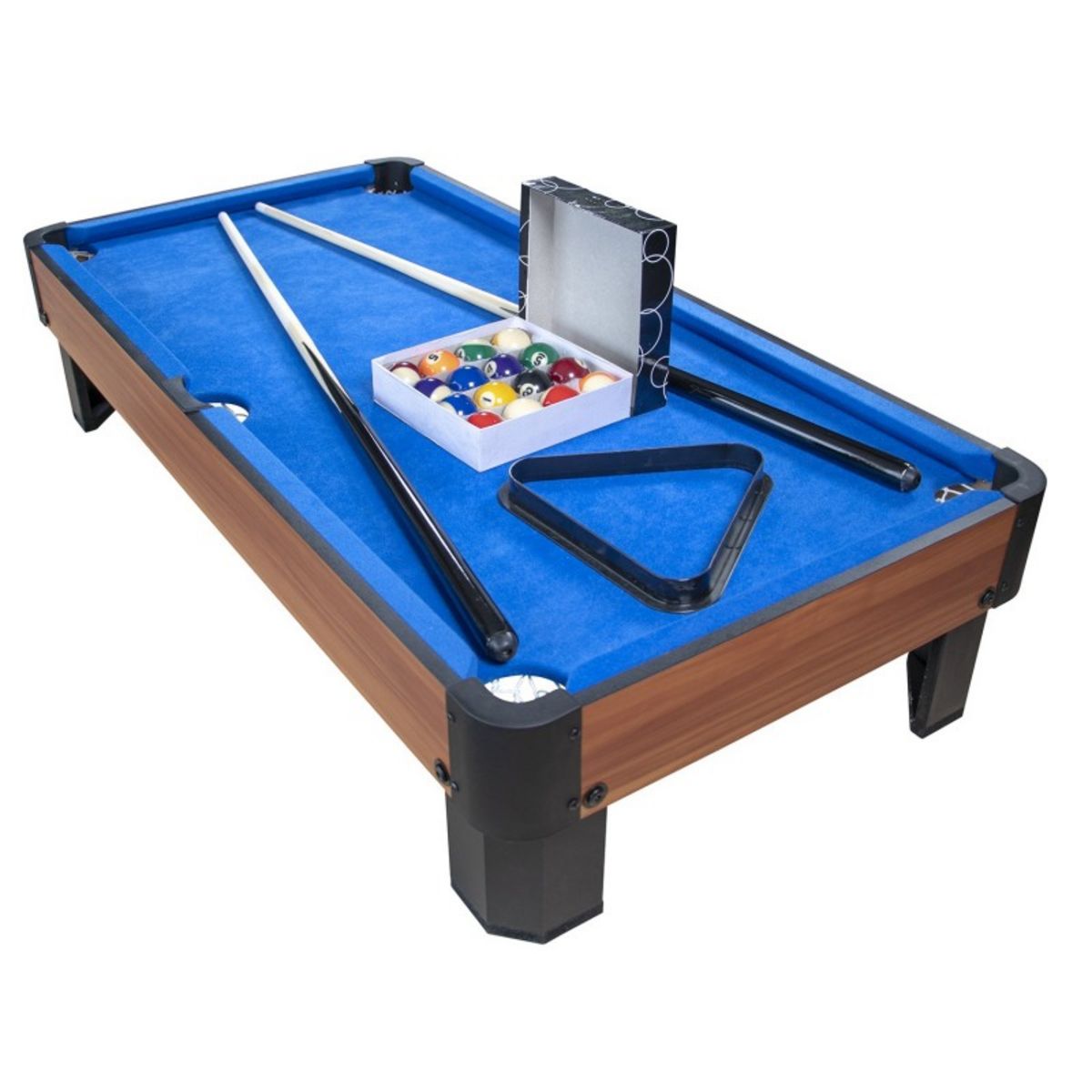 PLAY4FUN Billard de table avec accessoires - Kit Billard Compact de bureau  ou salle de jeu, 102 x 51 x 22,5 cm - Marron et Tapis Bleu pas cher 