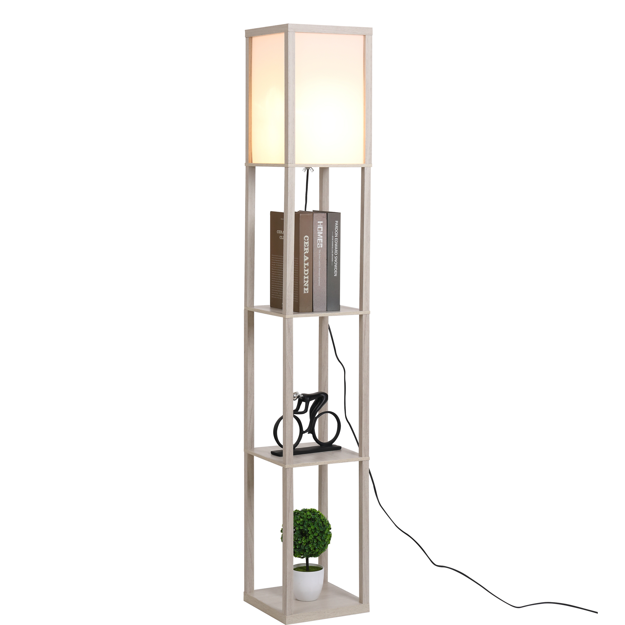HOMCOM Lampadaire lampe en bois avec étagère 3 étagères 4 niveaux MDF  interrupteur à pédale inclus 26 x 26 x 160 cm chêne