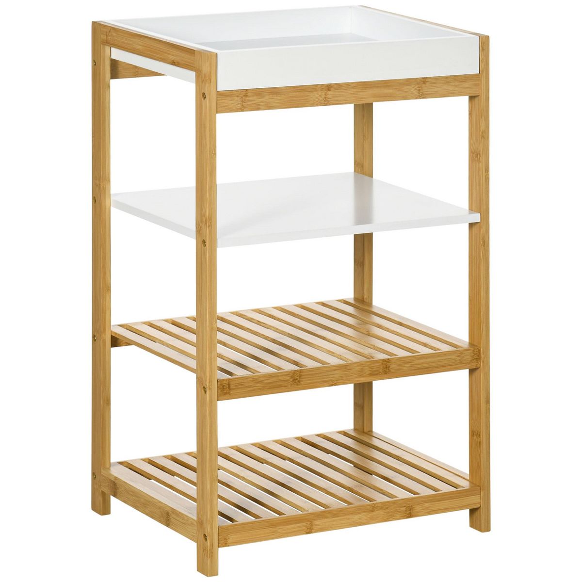 Etagère de rangement 4 niveaux sur pied - 3 étagères, plateau amovible -  bois bambou verni MDF blanc