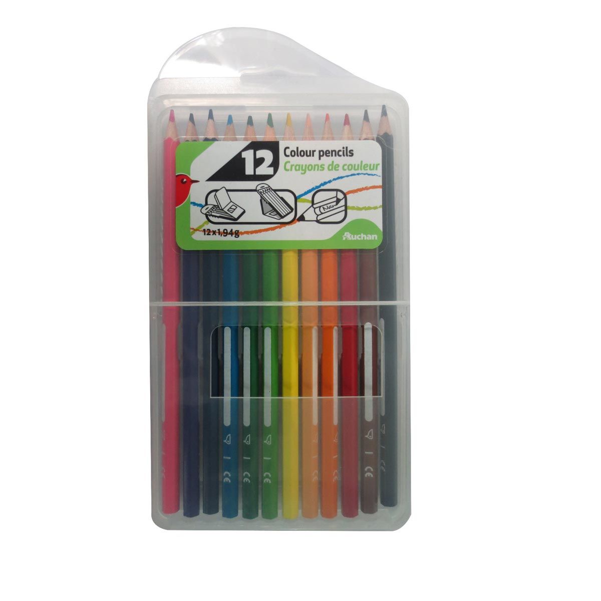 AUCHAN Etui de 12 crayons de couleur effaçables avec bout gomme pas cher 