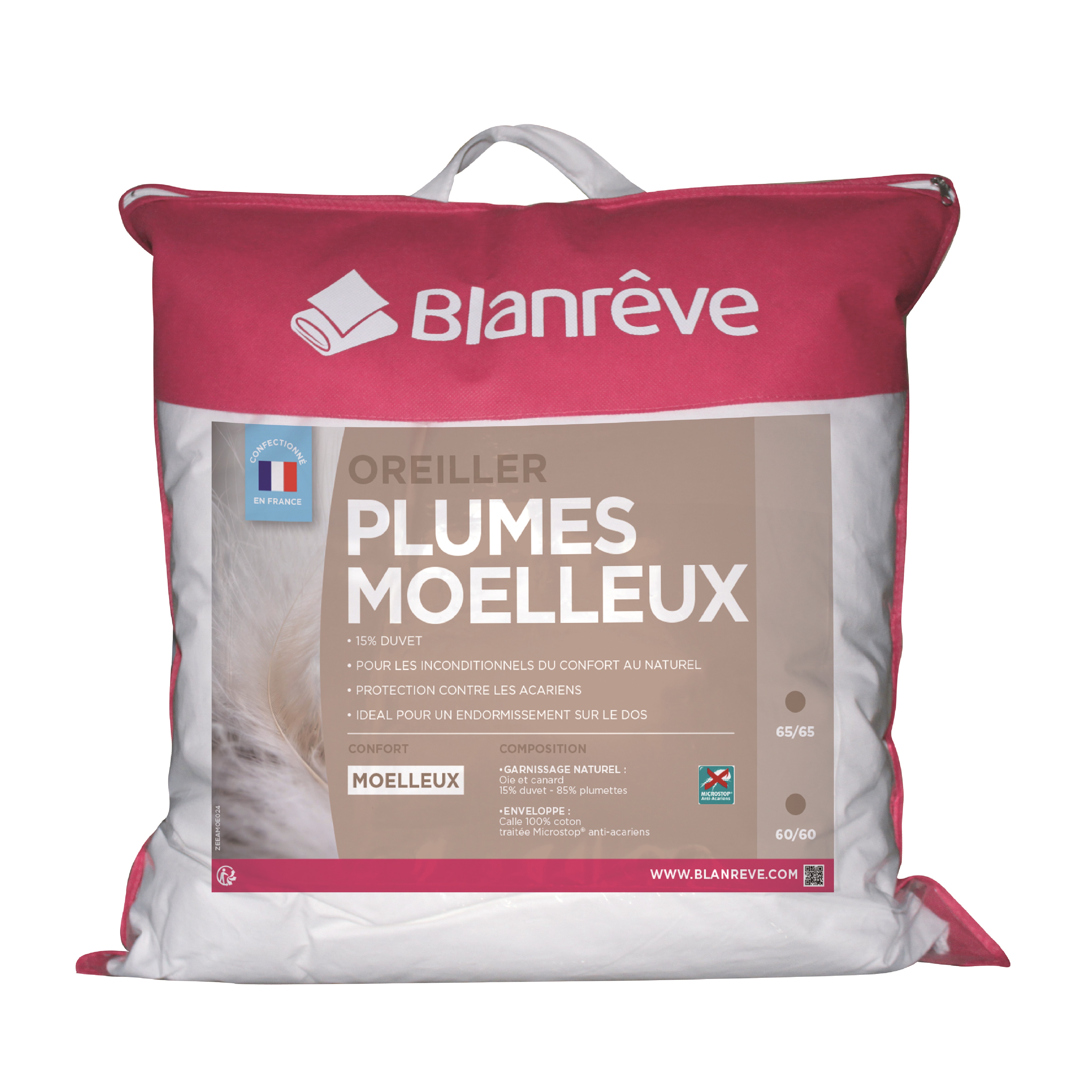 BLANREVE Oreiller duvet et plumettes oie et canard moelleux anti-acariens  pas cher 