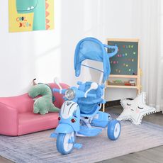 HOMCOM Tricycle enfants évolutif canne, pare-soleil pliable amovible effets lumineux sonores métal blanc PP polyester bleu