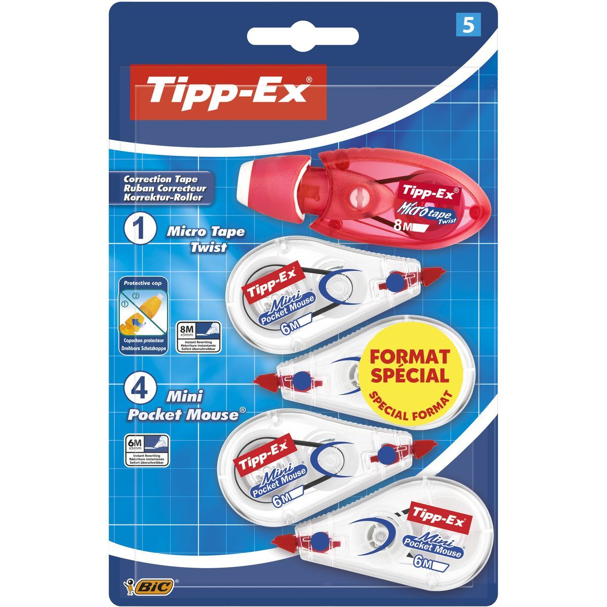 TIPP-EX Lot de 3 mini souris correctrices 6m jaune, rouge et bleu