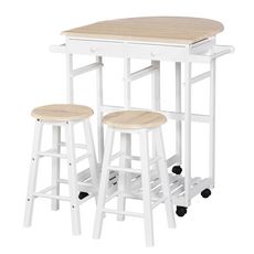HOMCOM Ensemble table de bar pliable sur roulettes avec étagère et 2 tiroirs + 2 tabourets bois pin MDF blanc chêne clair