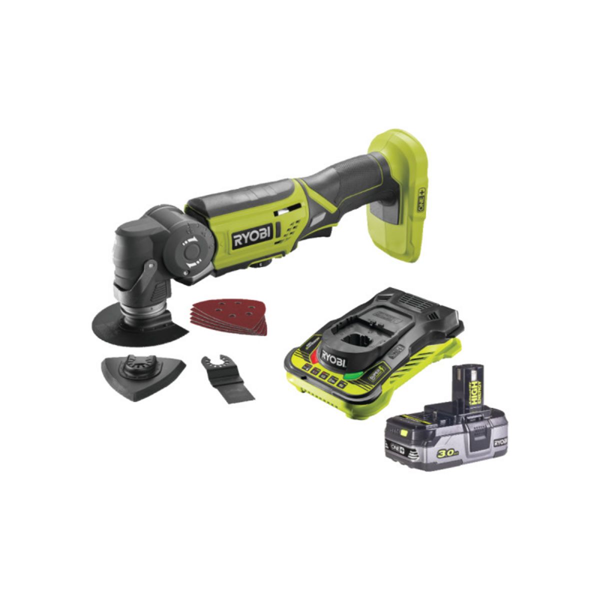  Pack RYOBI Multitool 18V OnePlus R18MT-0 - 1 Batterie 3.0Ah High Energy - 1 Chargeur ultra rapide