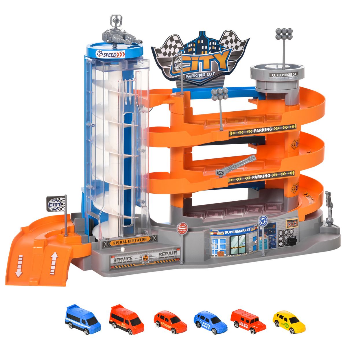 Garage parking voitures enfant - 3 niveaux, 6 voitures, ascenseur, rampes  en spirale, 15 places stationnement - PP ABS orange gris bleu