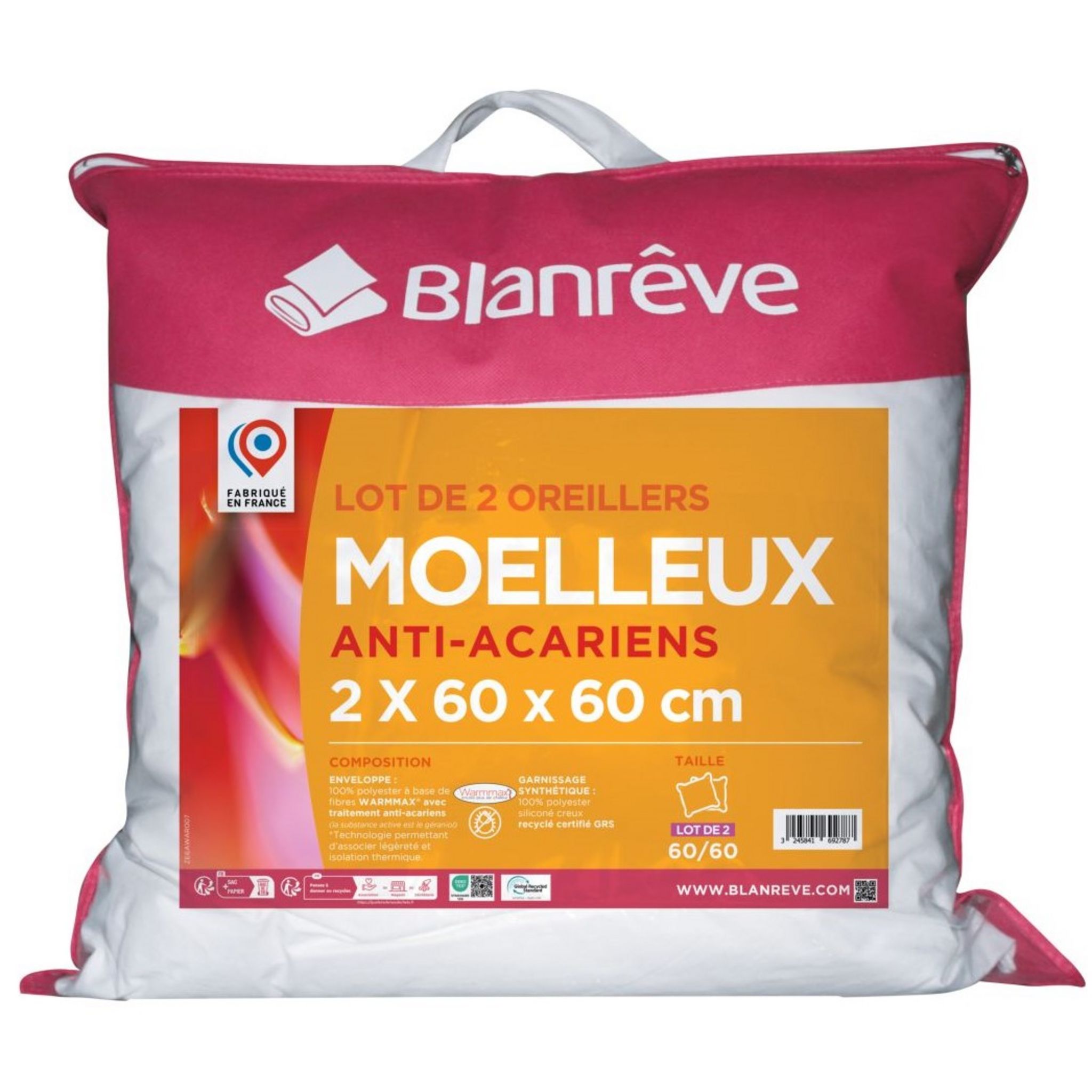 Oreiller 60x60 Lot de 2, Anti-Acariens à Faible Garnissage de Microfibre  Hypoallergénique, Qualité Hôtel Moelleux et[S12] - Cdiscount Maison