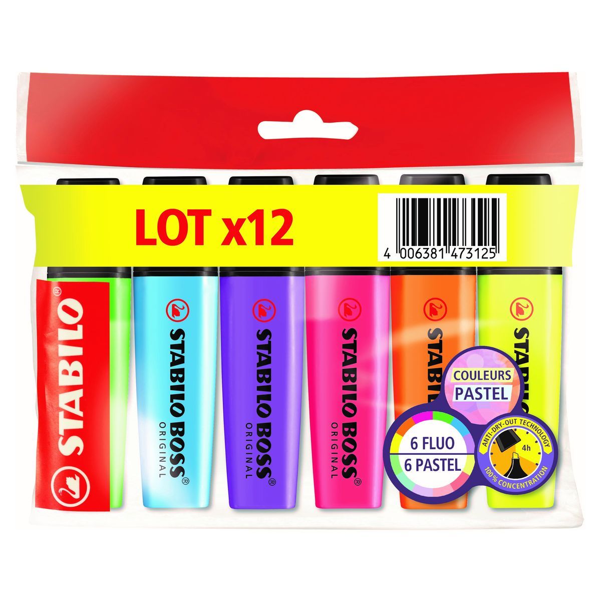 STABILO Lot de 12 surligneurs 6 fluos + 6 pastels BOSS ORIGINAL pas cher 