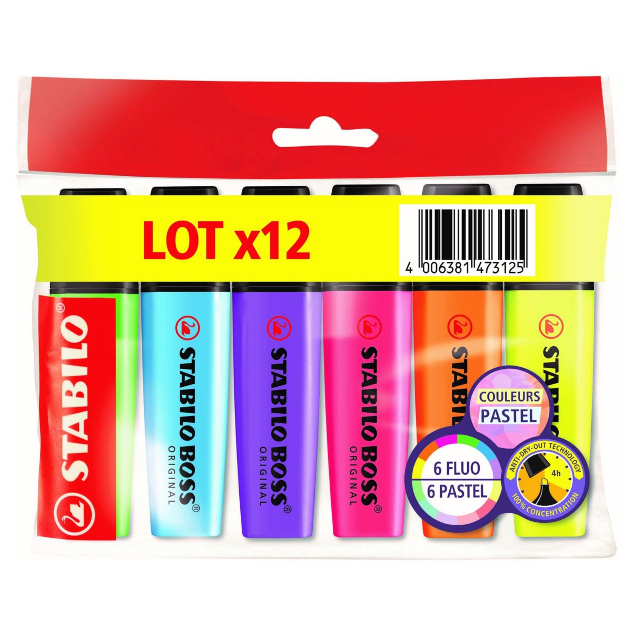 STABILO Lot de 12 surligneurs 6 fluos + 6 pastels BOSS ORIGINAL