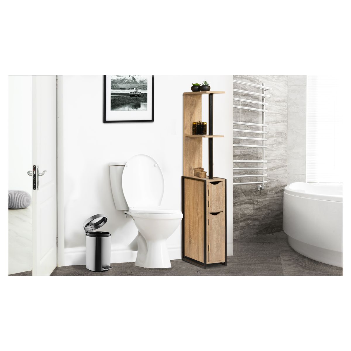 Meuble de toilette Sweeek Meuble WC rangement étagère de toilettes - Rivage  - 3 étagères 2 portes ajourées 3 niveaux de rangement