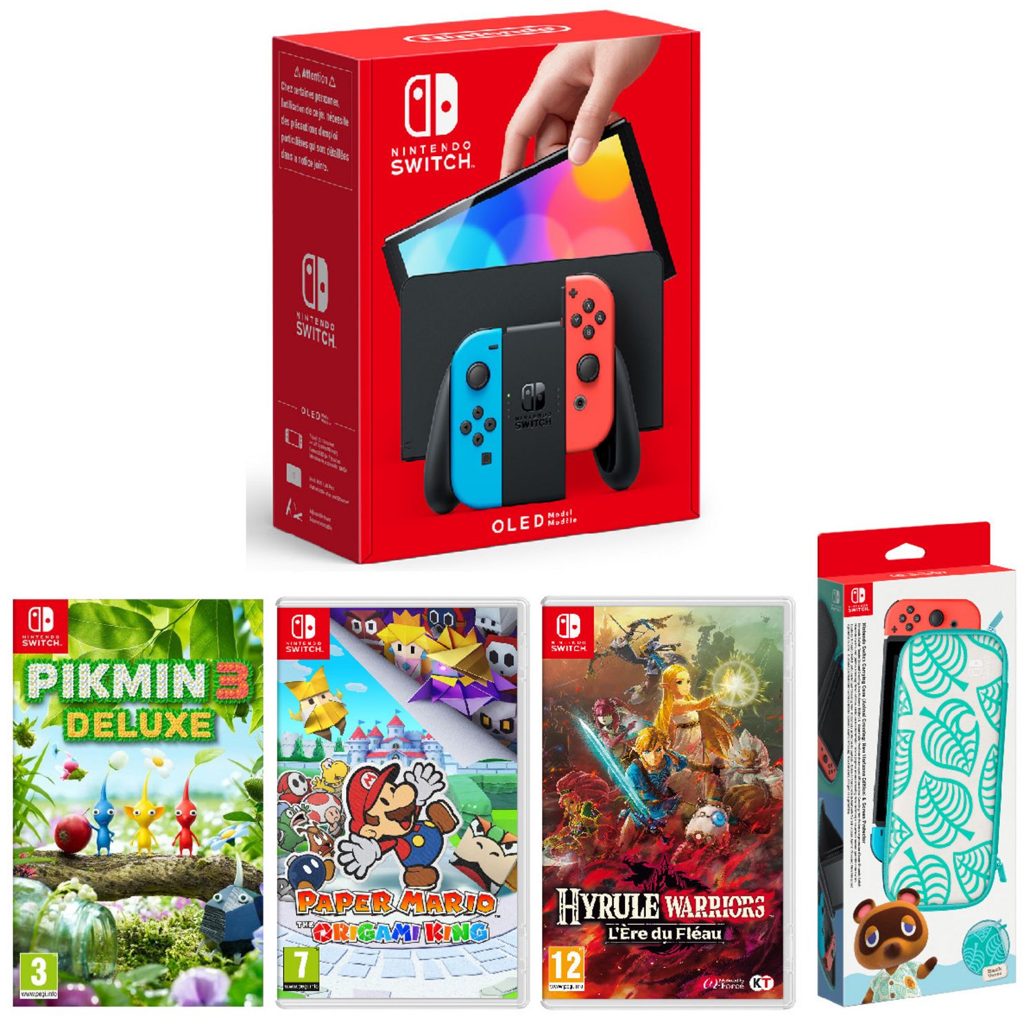 NINTENDO Console Nintendo Switch Lite Turquoise + Pikmin 3 + Paper Mario:  The Origami King + Hyrule Warriors: L'ère du Fléau + Pochette de transport  et protection d'écran Animal Crossing Nintendo Switch