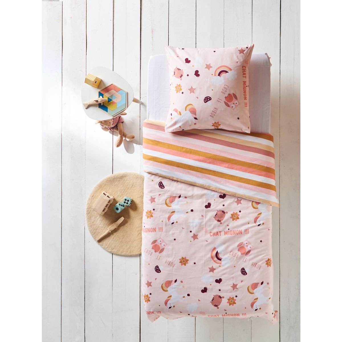 Parure housse de couette enfant en polycoton LICORNE pas cher