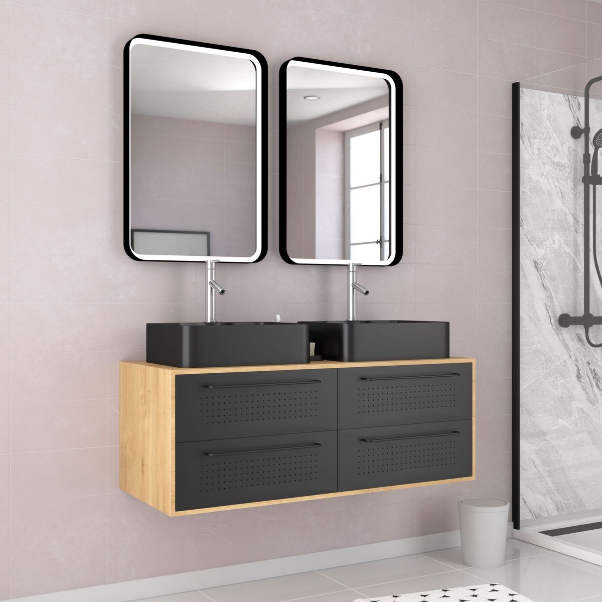 Aurlane Meuble de salle de bain caisson finition chêne naturel + 2 vasques noir mat - UBY 120cm
